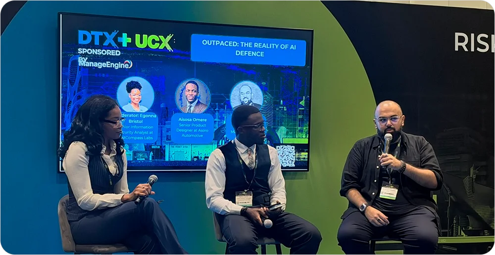 Three panelists on the Risk & Resilience Stage discussing AI defence at UCX London