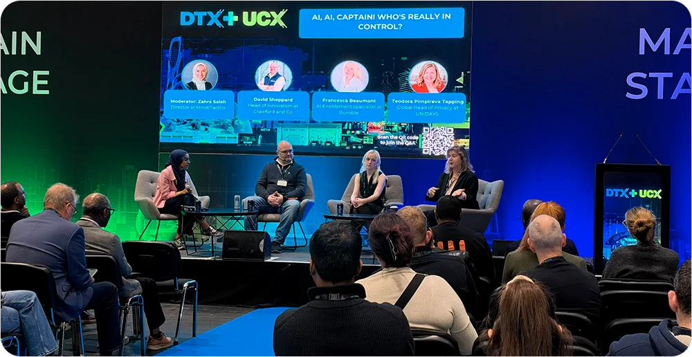 Panel discussion on the DTX + UCX Main Stage at ExCeL London, October 2026