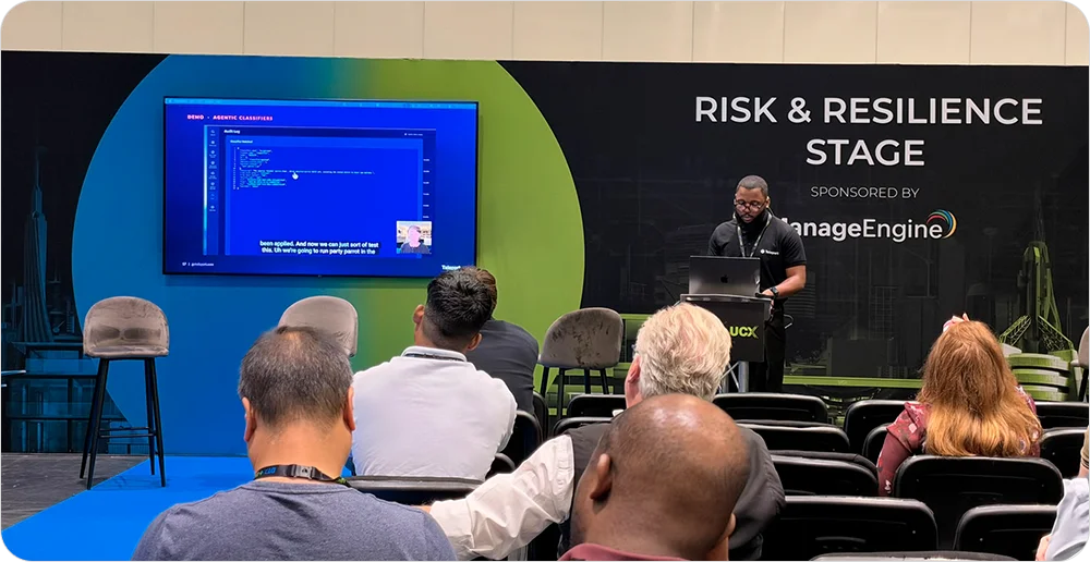 Teleport solutions architect presenting a live demo of agentic classifiers at UCX London